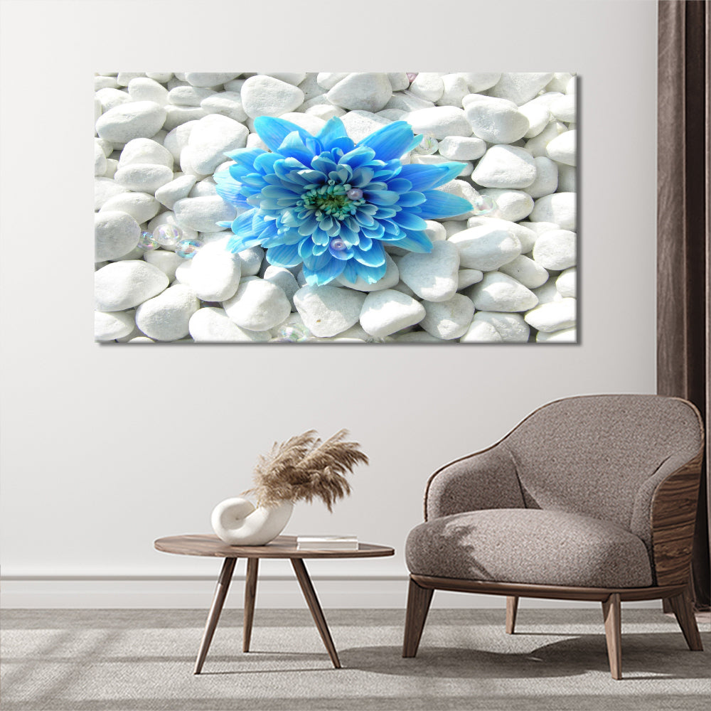 Blue flower on white pebbles